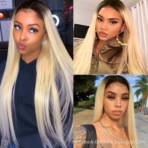 Pre Plucked 100% Human Virgin Hair Blond 1B 613 Blonde Silk Top Lace Front Wig Dark Roots